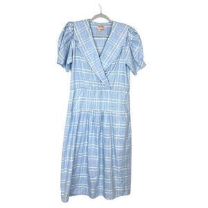 Doni Girl Midi Dress Vintage Womens 8 Blue White Plaid Short Puff Sleeves A-Line